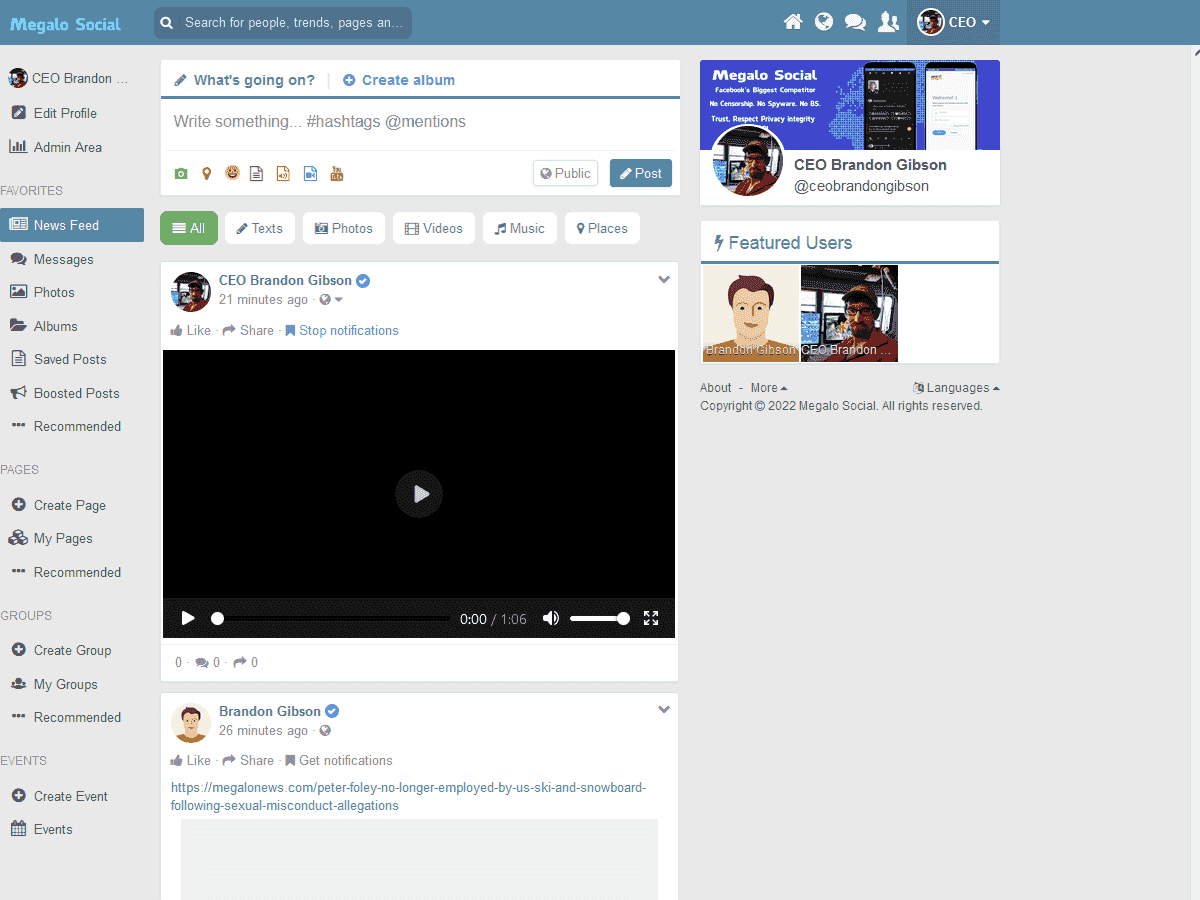 Megalo Social social networking PHP script platform interface