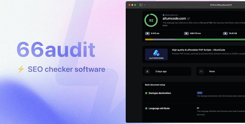 66audit SAAS self-hosted SEO audit PHP script interface showing over 40 automated checks and bulk audit capabilities