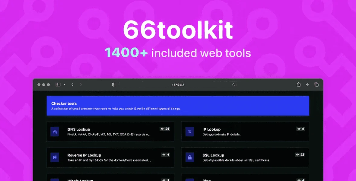 66toolkit PHP web tools script dashboard showing 45 developer and SEO utility tools in a SaaS platform interface