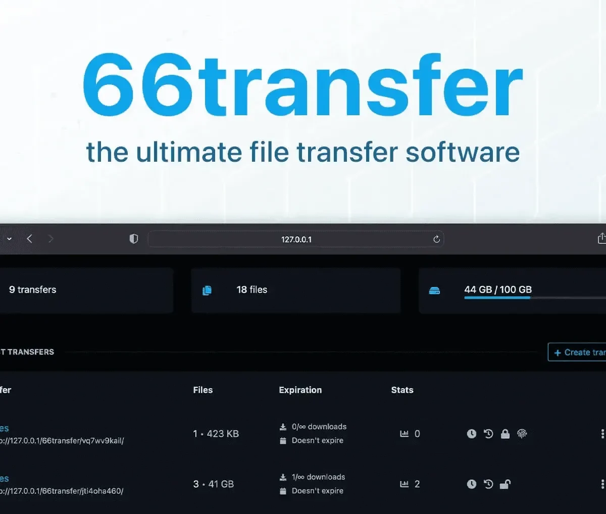 66transfer SAAS self-hosted file transfer script interface showing secure file sharing with encryption and analytics dashboard