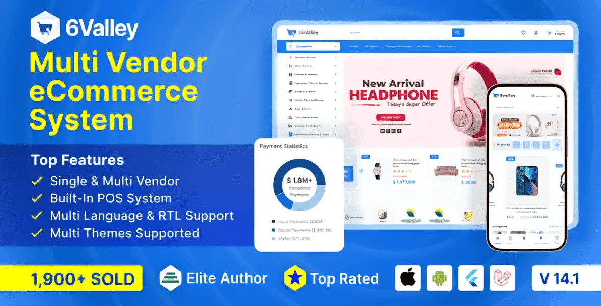 6valley multi-vendor ecommerce dashboard showing vendor management and mobile app interface