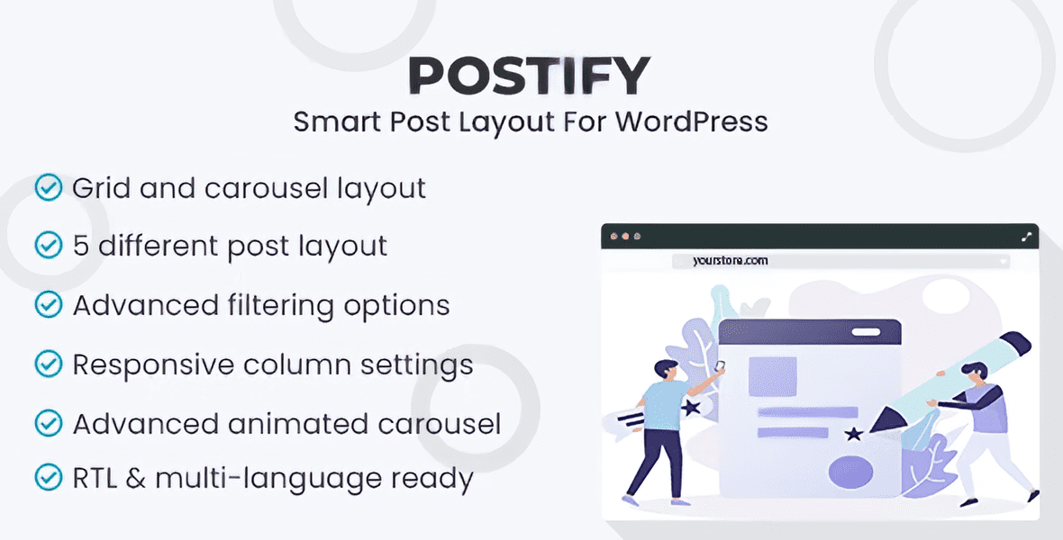 Postify WordPress post layout plugin showing carousel and grid display options