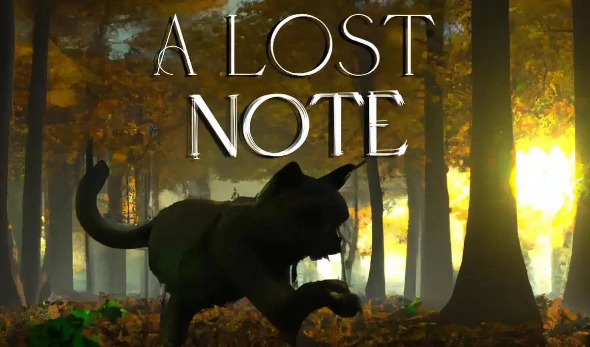A Lost Note adventure game featuring a mysterious cat navigating surreal dreamlike environments with cherry blossoms and mystical forests
