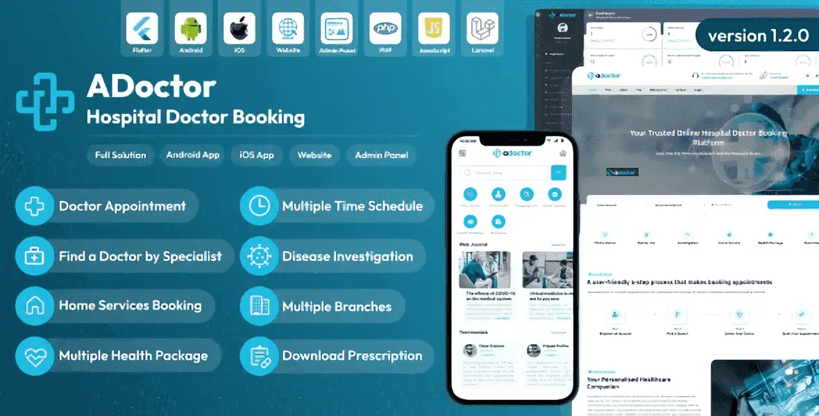 ADoctor hospital doctor booking system with Android and iOS apps, web interface, and admin dashboard