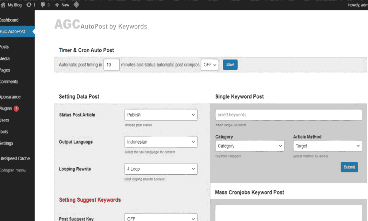 AGC by Keyword WordPress plugin interface for auto posting and content automation