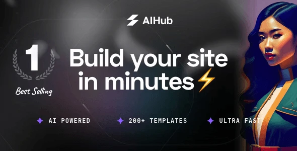 AIHub WordPress theme dashboard showing Elementor visual editor with AI startup website demo