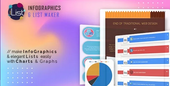 IList Pro WordPress plugin interface showing AI infographic builder with ChatGPT sidebar, live preview of animated chart, and shortcode embed panel