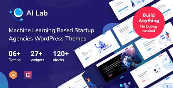 AI Lab machine learning WordPress theme demo showcasing a modern startup website layout