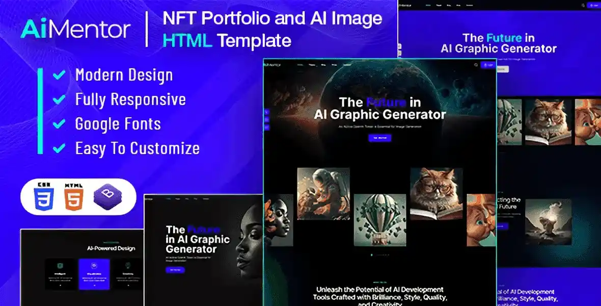 AI Mentor HTML template preview for AI image generation website