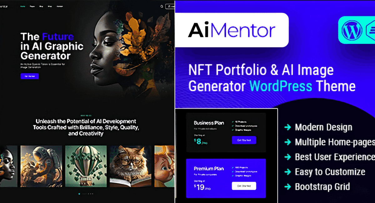 AI Mentor WordPress theme dashboard showcasing AI image generator website layout with Elementor Pro