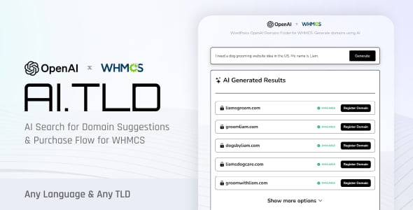 AI.TLD WordPress plugin interface showing AI-powered domain search with WHMCS integration
