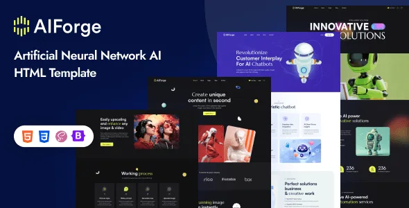 AIForge AI SaaS startup HTML template homepage preview showing modern responsive design with three layout variations