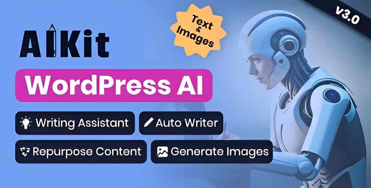 AIKit WordPress plugin interface showing AI content generation in the block editor