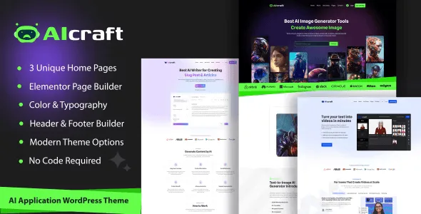 AIcraft WordPress theme homepage preview showing AI content generator layout with Elementor editor