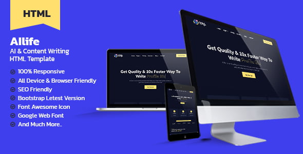 AIlife AI content generator HTML template built with Bootstrap 5 for SaaS landing pages