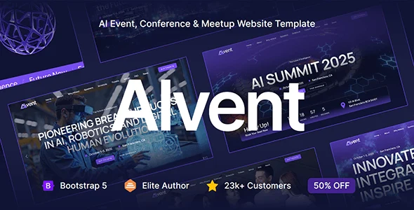 AIvent AI event conference HTML template homepage preview on desktop and mobile