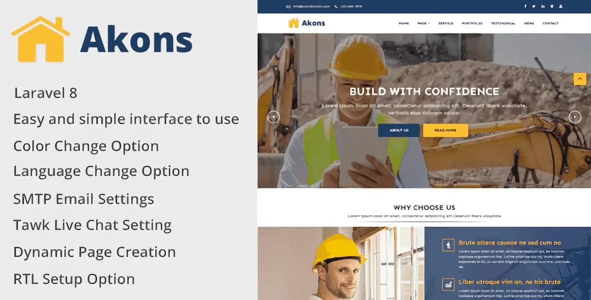 Akons construction website CMS PHP script built on Laravel 8
