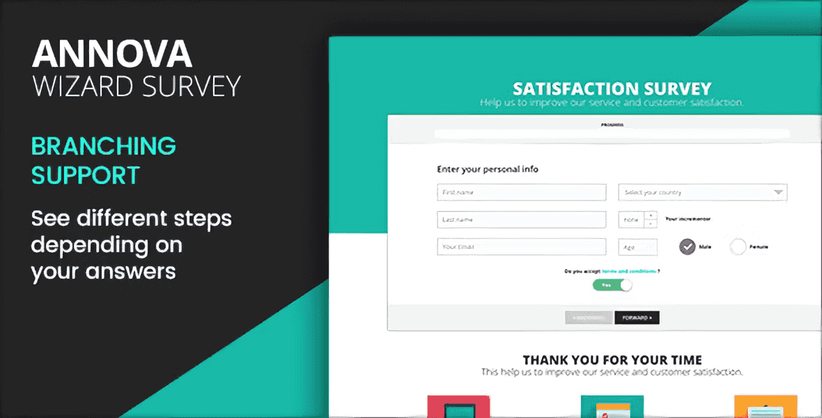 Annova survey wizard template with progress bar and multi-step form layout