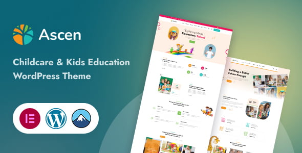 Ascen daycare WordPress theme showing a modern preschool website layout with enrollment and curriculum sections
