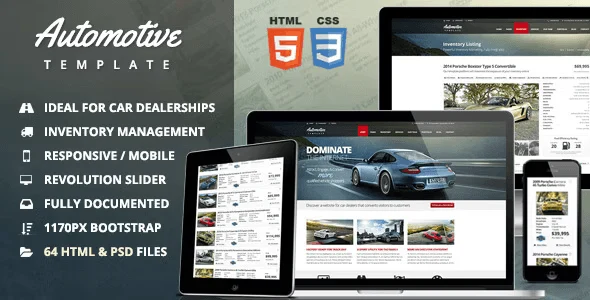 Car dealership HTML template preview with responsive Bootstrap 4 layout and organized page structure