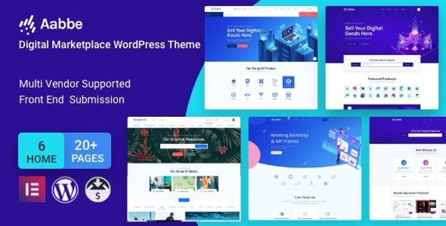 Aabbe digital marketplace WordPress theme with Elementor page builder and multi-vendor storefront layout