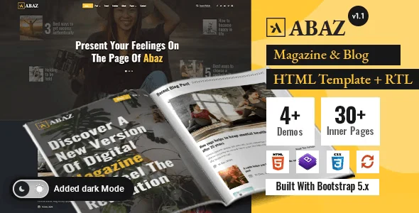 Abaz newspaper magazine blog HTML template homepage preview showing responsive layout on desktop and mobile