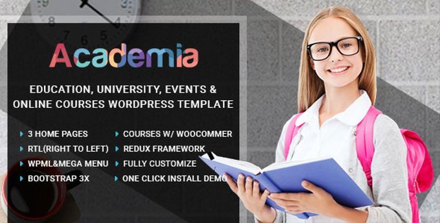 Academia education center WordPress theme homepage demo preview with Elementor Pro