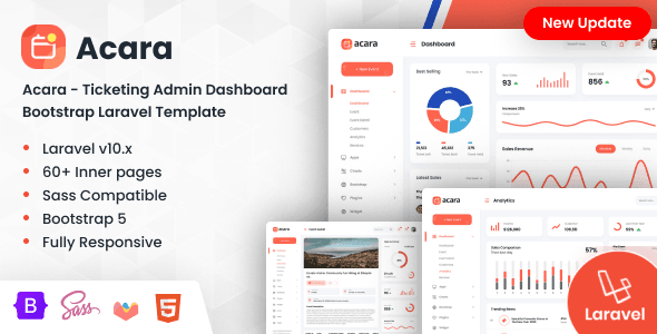 Acara Laravel ticketing admin dashboard template with Bootstrap 4 responsive layout and analytics charts