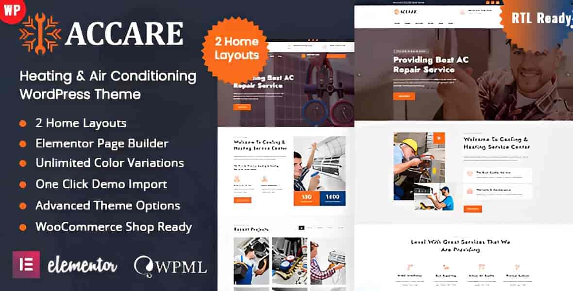 Accare HVAC WordPress theme preview showing heating and air conditioning website layout