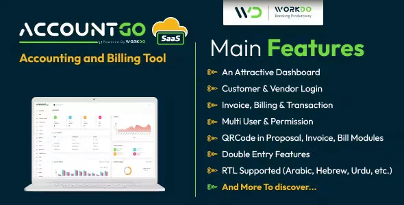 AccountGo SaaS accounting dashboard showing revenue charts, billing management, and subscription controls