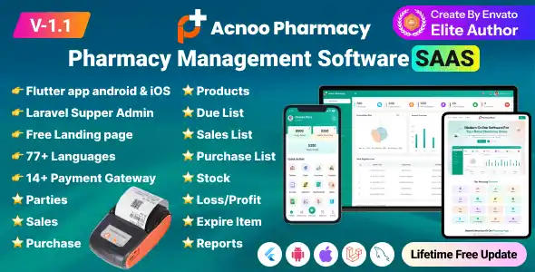 Acnoo Pharmacy SaaS dashboard and Flutter mobile app for pharmacy management