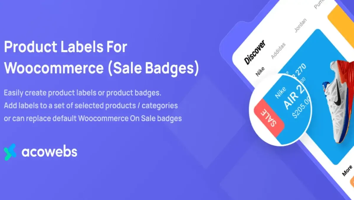 Acowebs Product Labels Pro plugin interface displaying custom WooCommerce product badges with live preview and scheduling options