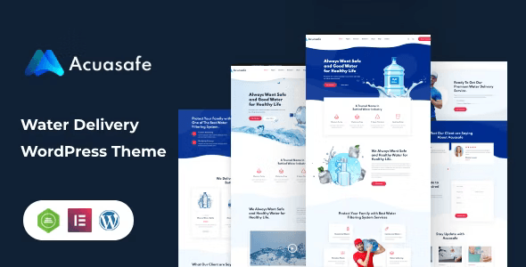 Acuasafe water delivery WordPress theme homepage preview showing Elementor editor and WooCommerce product layouts