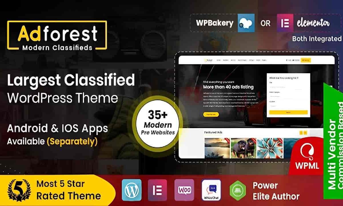 AdForest classified ads WordPress theme homepage preview with responsive listing layout