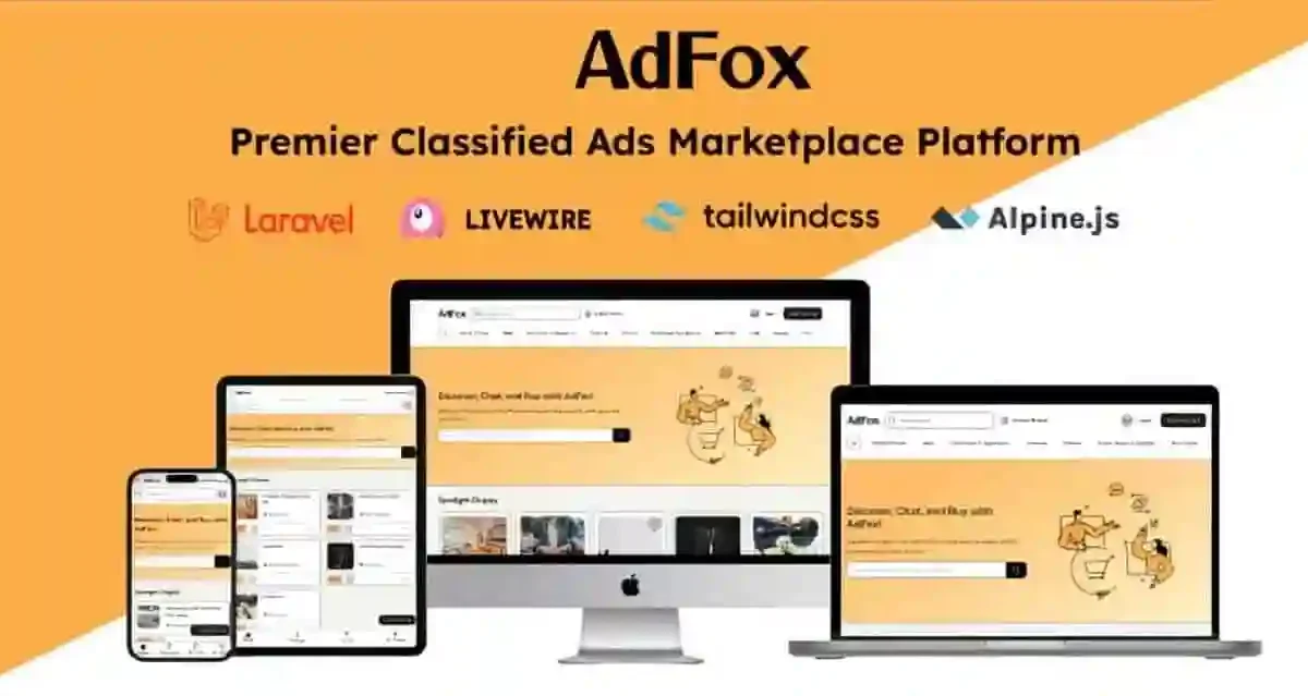 AdFox classified ads PHP script dashboard showing mobile and web interfaces side by side
