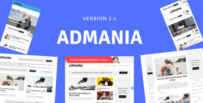 Admania AdSense WordPress theme dashboard showing ad unit management and layout options