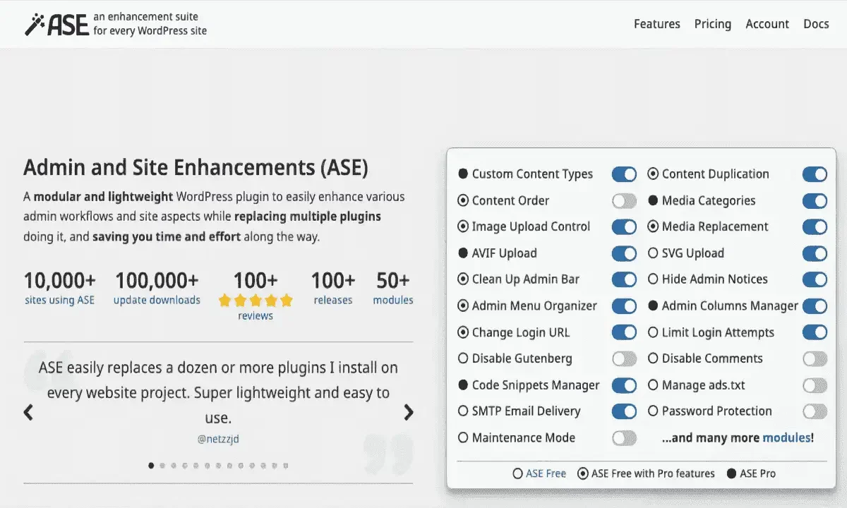 ASE Pro WordPress Plugin dashboard showing admin menu organizer, media categories, and code snippet manager