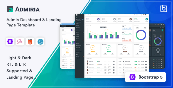 Admiria Bootstrap 5 admin dashboard template showing dark mode sidebar navigation with analytics charts and data tables