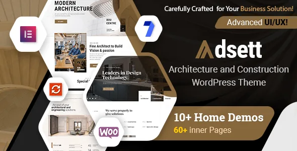 Adsett Architecture WordPress Theme homepage preview showing portfolio grid, header builder, and Elementor editing interface