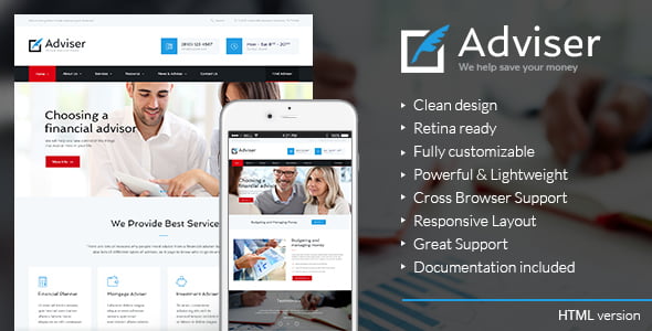 Adviser finance and accounting HTML template preview showing a clean corporate design layout