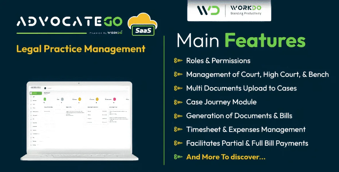 AdvocateGo SaaS legal practice management dashboard showing case list, lawyer assignments, and payment tracking