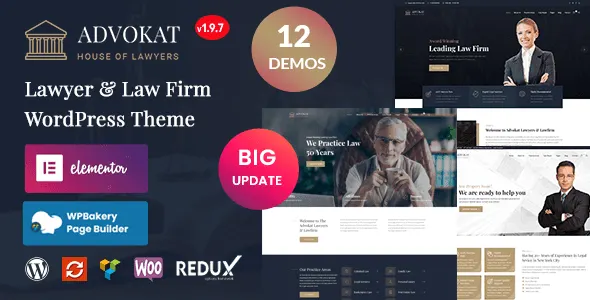 Advokat law firm WordPress theme preview with responsive homepage design