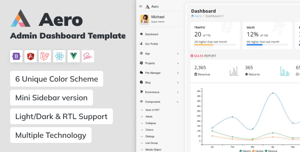 Aero admin dashboard template with Bootstrap, Laravel, and Angular featuring light and dark mode and RTL support
