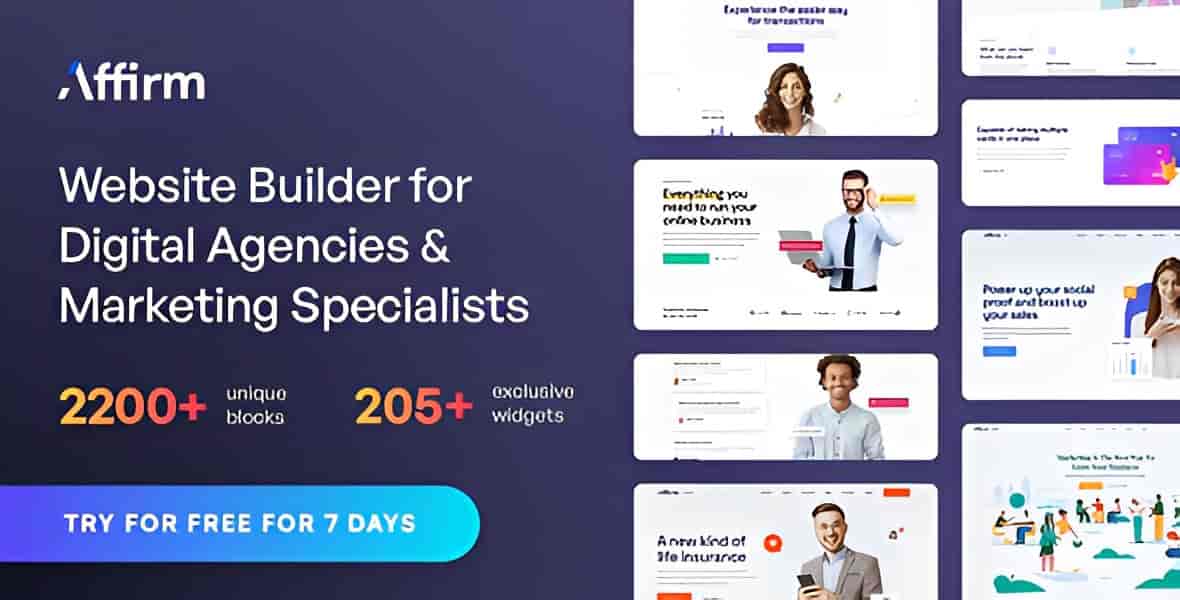 Affirm WordPress theme dashboard showing Elementor editor with agency demo template and block library