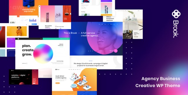 Brook creative WordPress theme showcasing modern agency website layout with parallax scrolling and portfolio design