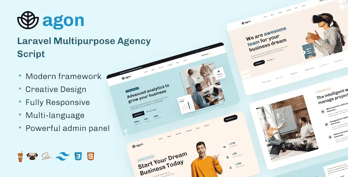 Agon Laravel multipurpose agency script dashboard preview showing homepage layouts and internal page templates