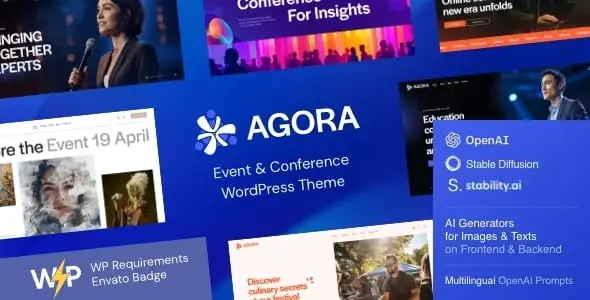 Agora event and conference WordPress theme with modern responsive layout for Elementor customization
