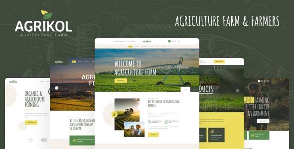 Agrikol agriculture HTML template homepage preview showing farm website design on desktop and mobile