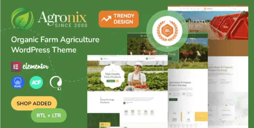 Agronix organic farm WordPress theme preview with Elementor page builder layout