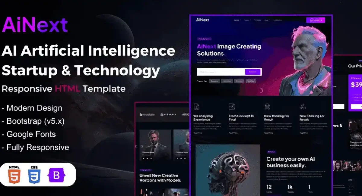 AiNext AI agency and startup HTML5 template preview with minimalist modern design